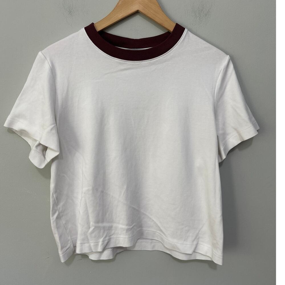 Nu In Top Womens XL White Burgundy Contrast Crewneck Casual Minimalist Chic